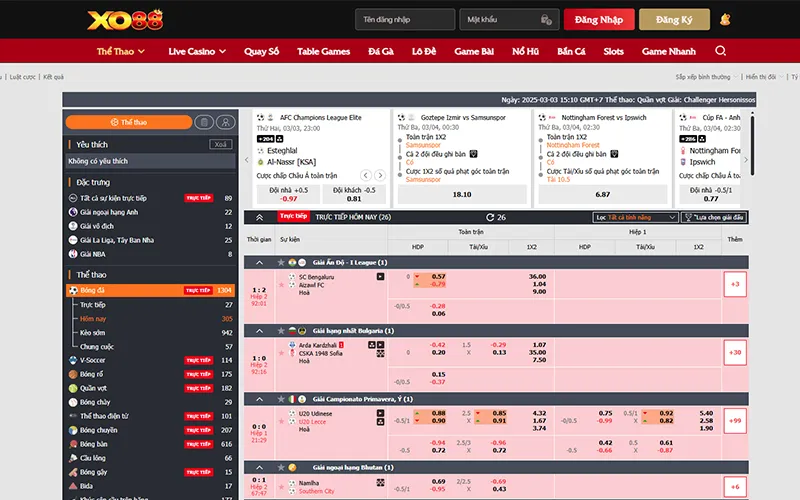 Giao diện XO88 với tỷ lệ cược cạnh tranh