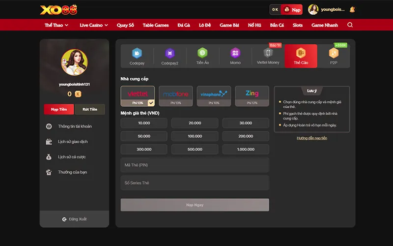 Hệ thống nạp tiền XO88 đa dạng, xử lý nhanh