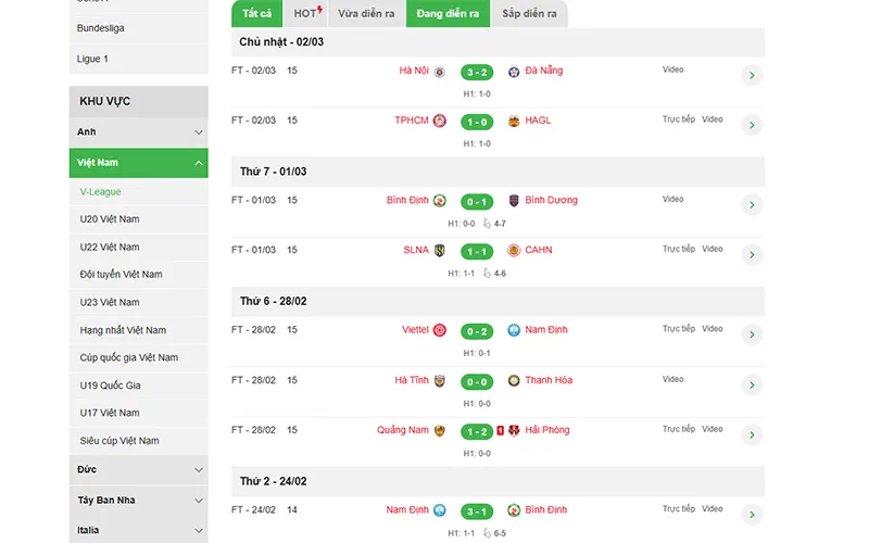 Giao diện cập nhật kết quả bóng đá Việt Nam hôm nay