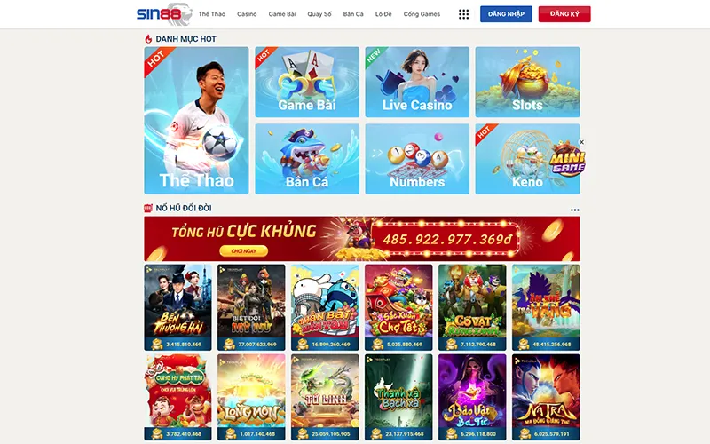 Đa dạng sản phẩm cá cược thể thao, casino và slot game tại Sin88